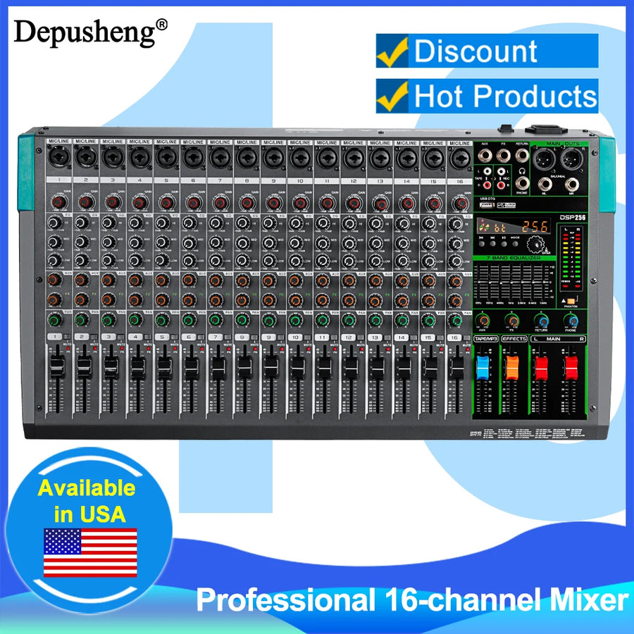 Mixer Audio 16 Canali Depusheng MG16 con USB, Phantom 48 V e 256 DSP – immagine principale – DJShopItalia