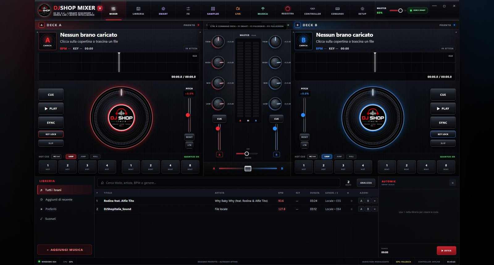 DJShop Mixer X 2 Beta 2.5.2 — interfaccia mixer a due deck